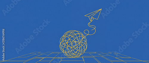 Conceptual 3D illustration of a yellow tangled string ball transforming into a paper airplane against a blue background, symbolizing creativity, problem solving, and innovative solutions.