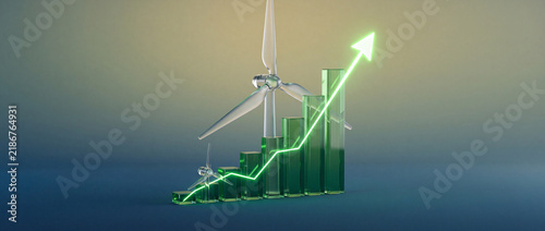 Conceptual 3D illustration of renewable green energy industry growth featuring wind turbines and a rising bar chart with a glowing upward arrow, symbolizing sustainable economic development.