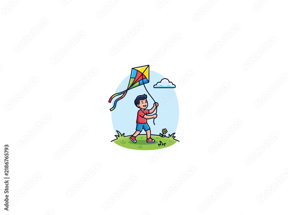 Fototapeta premium Smiling Child Flying A Colorful Kite Over A Grassy Hill With Cloud And Flowers Vector Illustration