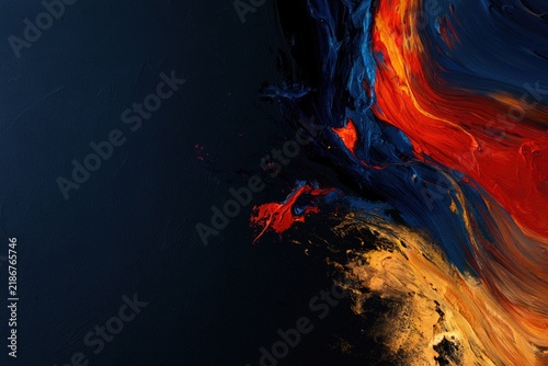 Abstract painting with bold strokes of red, orange, blue, and black blending together on a dark canvas.