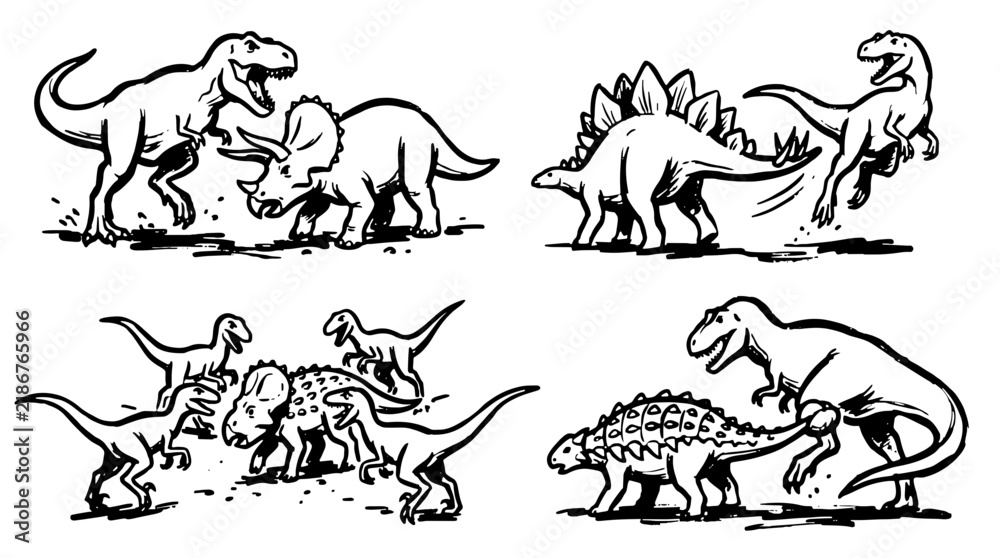 Fototapeta premium Black and white dinosaur sketches vector set