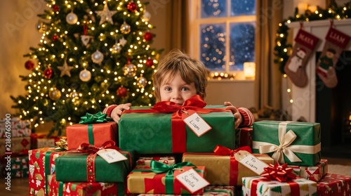 Young Child Peeking Over a Pile of Wrapped Christmas Presents Near a Decorated Festive Tree in a Cozy Living Room