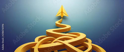 Conceptual yellow paper plane flying upward from a tangled path toward a clear straight line on a blue background, symbolizing business success, clarity, growth, and overcoming complex challenges.