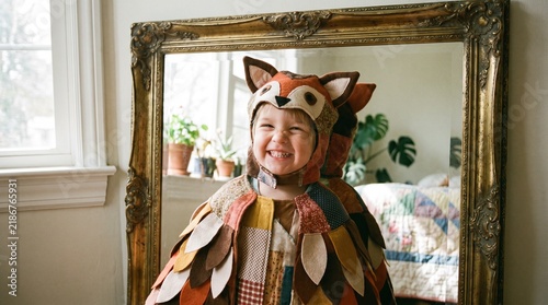 Joyful toddler girl dressed in a handmade fox costume playing and smiling happily in front of a vintage mirror