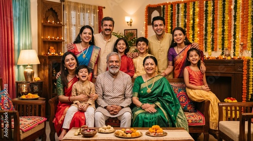 Happy multi-generational Indian family celebrating Diwali festival together at home