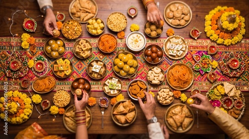 High angle view of traditional Indian sweets and snacks arranged on a colorful table for a festive Diwali celebration