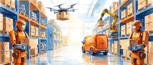 Futuristic automated warehouse watercolor illustration with humanoid robots, delivery drones, and industrial arms managing logistics, packages, and smart inventory distribution.