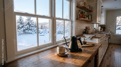 Cozy kitchen window counter with steaming coffee mug and kettle overlooking sunny winter snow landscape
