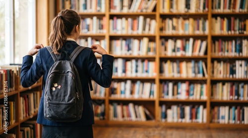 Student girl with backpack standing in library looking at bookshelves, representing education, learning, study, knowledge, and academic research concept.