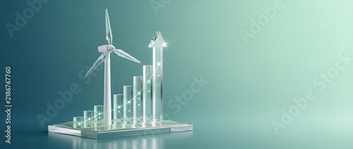 Glass wind turbine beside rising bar graph representing growth in renewable energy and green investment concept