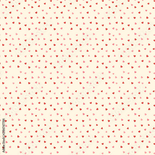 Seamless pattern with tiny ditsy hearts red pink on cream flat vector cute perfect for wallpaper wrapping paper textile Valentine gift packaging.