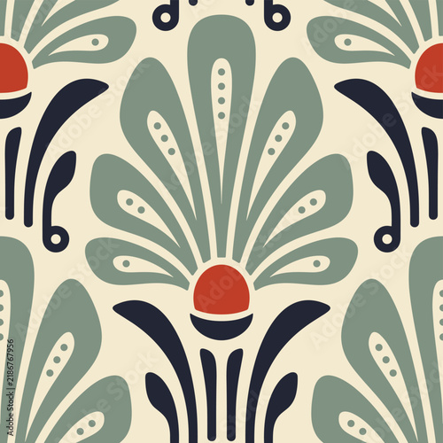 Seamless pattern design with abstract floral motifs in vintage color palette