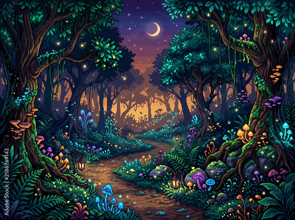 Fototapeta premium Enchanted forest path at night with glowing mushrooms and fireflies under a crescent moon