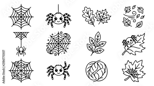 Cute Spiders and Autumn Leaves Vector Icons Isolated on Transparent Background