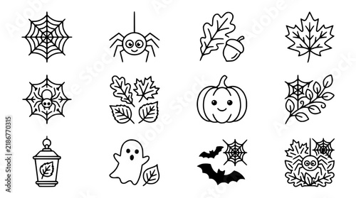 Autumn Halloween Icons Set: Spiderweb, Pumpkin, Ghost, Leaves, Acorn, Bat