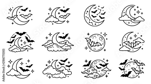 Halloween Moon Bat Icons Set, Crescent Moon with Flying Bats and Stars
