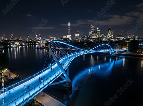Modern illuminated bridge at night with city skyline reflection on water.