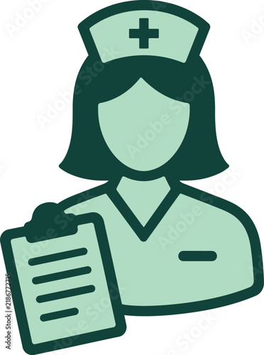 Simple vector icon of a female nurse holding a medical clipboard for hospital and healthcare design projects