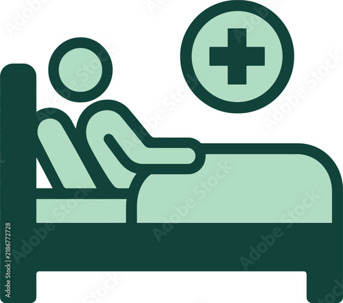 A simple flat style icon of a patient resting in a hospital bed with a medical cross symbol