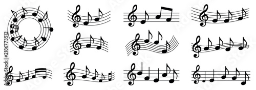Bild auf Leinwand Musical Notes Collage: A compilation of various musical notation elements, including staffs, treble clefs, and different types of notes, arranged in a visually appealing collage