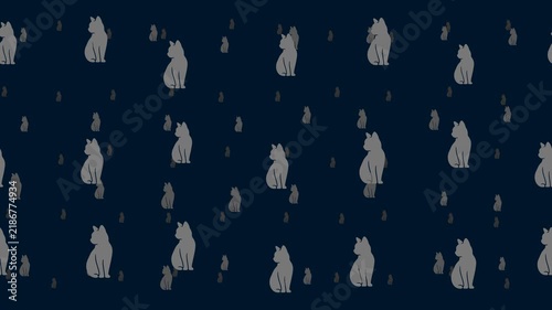 Cat symbols float horizontally from left to right. Parallax fly effect. Floating symbols are located randomly. Seamless looped 4k animation on dark blue background