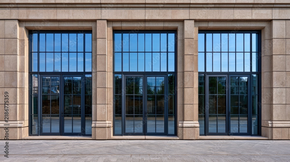 Obraz premium Modern minimalist building facade with three large glass windows and stone wall texture in bright daylight setting