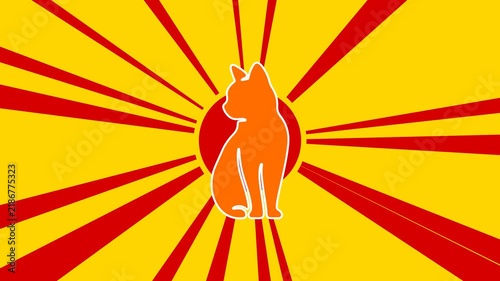 Cat symbol on the background of animation from moving rays of the sun. Large orange symbol increases slightly. Seamless looped 4k animation on yellow background