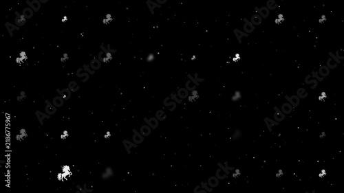 Template animation of evenly spaced fiery horse symbols of different sizes and opacity. Animation of transparency and size. Seamless looped 4k animation on black background with stars