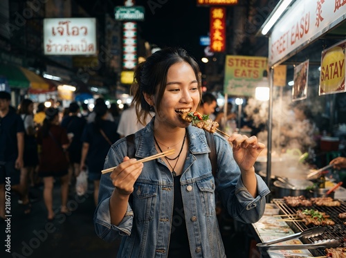 Young Asian Woman Enjoying Street Food at Night Market.