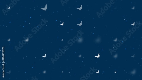 Template animation of evenly spaced bird pigeon symbols of different sizes and opacity. Animation of transparency and size. Seamless looped 4k animation on dark blue background with stars