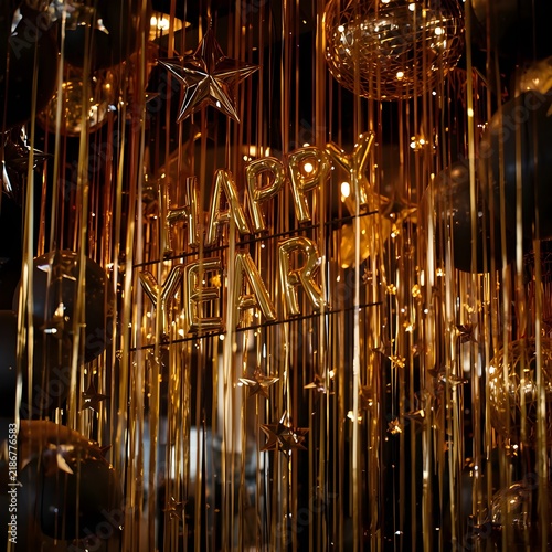 Golden Happy New Year Party Decorations with Metallic Tinsel Curtain and Balloons