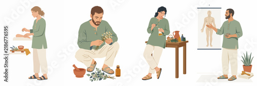 Illustration set of practitioners engaged in alternative medicine, herbalism, massage therapy, and acupuncture for holistic health and wellness.