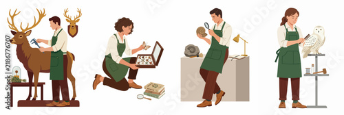 Collection of flat illustrations depicting taxidermists and museum curators working on various biological specimens for a natural history museum exhibit.