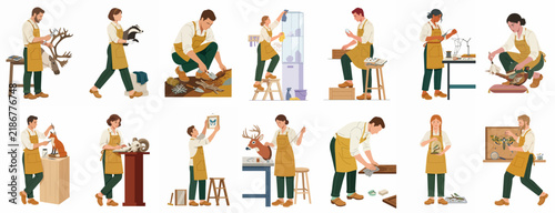 A collection of various taxidermists in yellow aprons performing different tasks in their workshop, including mounting animals and cleaning, isolated on white background.