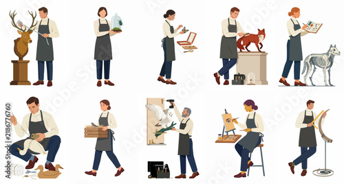 Collection of Professional Taxidermists and Artisans Working on Various Animal Specimens and Wildlife Preservation Projects in a Studio Workshop Environment