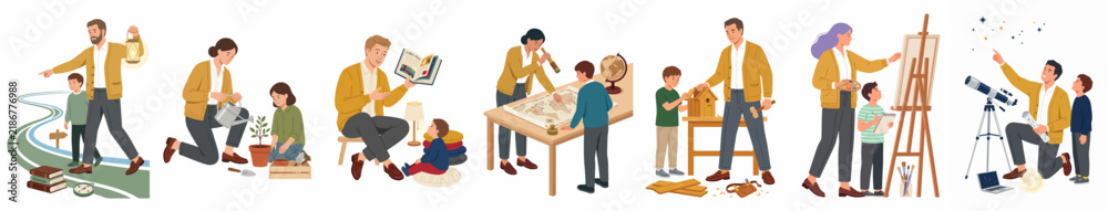 Fototapeta premium Collection of flat illustrations showing parents and children engaging in educational activities like gardening, painting, carpentry, geography, and astronomy.