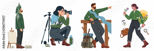 Flat vector illustration set of people exploring nature as an artist, photographer, hiker, and botanist with environmental elements integrated into their clothing.