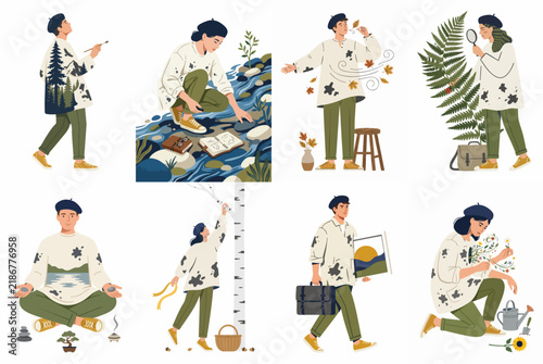 Set of flat vector illustrations of people engaging in various outdoor activities like gardening, painting, and meditation, emphasizing a connection with nature.