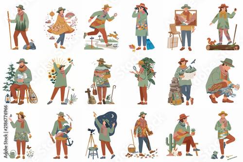 Set of 18 illustrated characters enjoying diverse outdoor activities like hiking, gardening, painting, and camping in a rustic, nature-themed style.