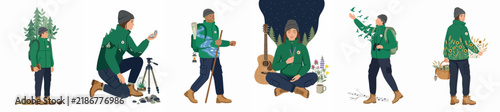 Flat illustration set of various characters engaging with nature through hiking, photography, music, and gardening, highlighting environmental awareness and an active outdoor lifestyle.
