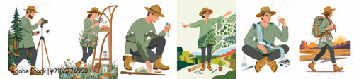 Illustrative set of professional explorers, field researchers and scientists engaged in nature studies, wildlife photography, and environmental conservation activities across diverse landscapes.