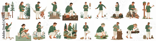 Flat style character set depicting various outdoor activities, hobbies, and nature connection like gardening, hiking, bird watching, and relaxation in a green palette.