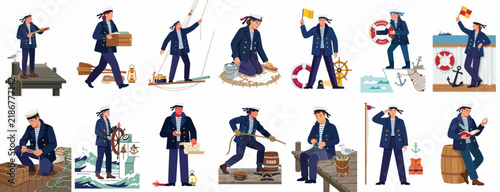 Set of Vector Illustrations Depicting a Sailor Engaged in Various Nautical Activities and Maritime Tasks on a Boat and at Sea.