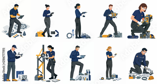Set of diverse industrial workers, engineers, and technicians in uniform performing various technical tasks with tools and technology on a white background.