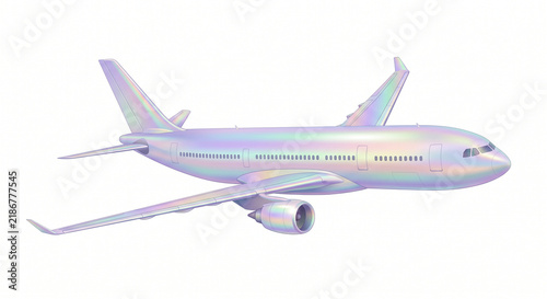 A dazzling holographic airplane illustration, showcasing a sleek, modern design with an iridescent color spectrum, embodying futuristic and conceptual air travel ideas