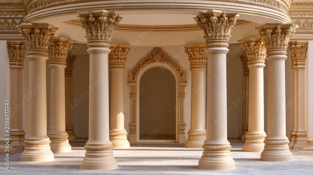 Fototapeta premium Exquisite architectural details of classic columns and ornate design in a grand interior space with soft lighting effects