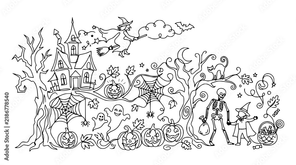 Fototapeta premium Halloween Cartoon Scene: Witch, Skeleton, Haunted House, Pumpkins, Ghosts