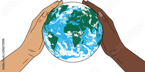 Diverse Hands Holding Planet Earth Globe Vector Illustration for Unity Peace Environment Conservation and Global Community Concepts