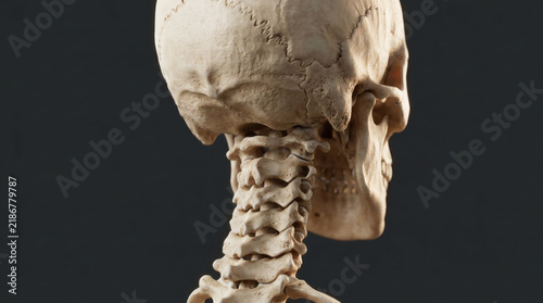 Human skull and cervical spine anatomy on dark background