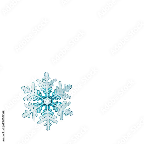 extremely sharp macro photograph of a cyan and white crystalline snowflake (data node), perfectly symmetrical, suspended against a high-key soft-white void with soft bokeh. concept of technical